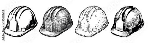 Set of four hand-drawn safety helmets in a row showing different artistic sketch styles like crosshatching and stippling for construction and engineering concepts
