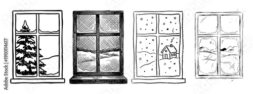 Set of four hand-drawn window illustrations showing different cozy winter scenes with snow, a fir tree, and a small house in a simple black ink sketch style