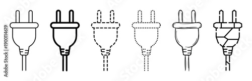 Set of black electric plug icons in various outline styles including solid, dashed, dotted, and a hand-drawn sketch for representing power and connectivity concepts