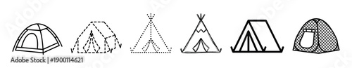 Set of six black camping tent icons in various minimalist line art styles, including doodle, dashed, and dotted outlines for outdoor adventure and travel design elements