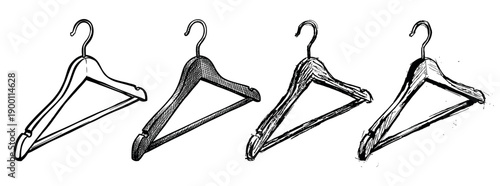 Four wooden clothes hangers in a row showing a progression from a simple line drawing to a detailed, textured, and distressed hand-drawn sketch illustration