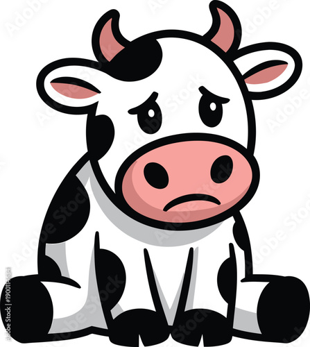 Sad cartoon cow sitting, cute farm animal character with black and white spots and pink muzzle, vector illustration