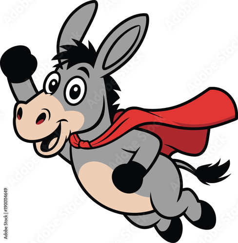 Cartoon superhero donkey flying with red cape, funny animal character illustration
