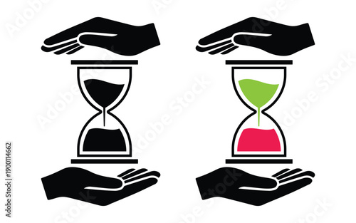 Symbolic Hourglass Icons Protected by Human Hands Representing Efficient Time Management, Resource Conservation, Productivity, and the Value of Passing Moments.