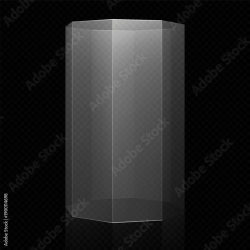 3d glass transparent clear stand podium, vector exhibition display box hexagon shape, empty crystal pedestal showcase