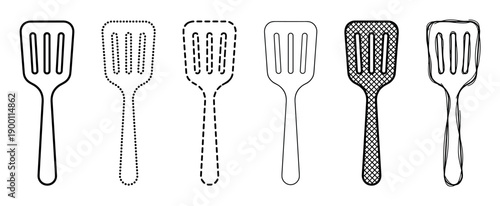 Six black kitchen spatula vector illustrations showing different graphic styles like solid line, dotted outline, dashed border, crosshatch fill, and a freehand sketch