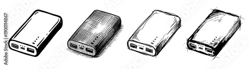 Set of four hand-drawn power bank illustrations in various sketch and doodle styles, showing the portable electronic charging device with USB ports and LED indicators