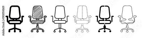 Six different black office chair icons presented in a row, showcasing various artistic styles from simple line art and hand-drawn sketch to a bold stencil and dashed outline