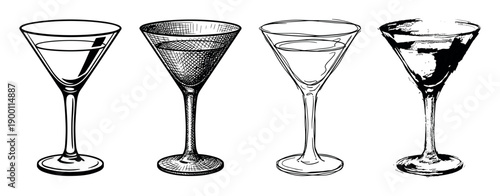 Four black and white cocktail glasses in different artistic styles, including clean line art, detailed engraving, loose sketch, and a grunge ink effect