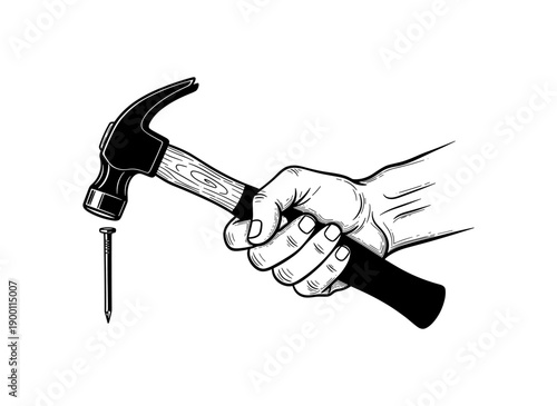 Monochrome hand holding hammer ready to nail