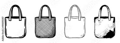 Four hand-drawn reusable tote bags in a row, showcasing different artistic styles from simple line art and cross-hatching to sketchy and grunge ink illustrations for eco-friendly concepts