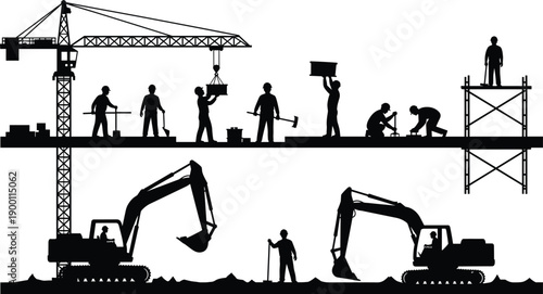 Construction site silhouette with crane, excavators, scaffolding, and workers showing industrial labor process, teamwork, and infrastructure development on white background