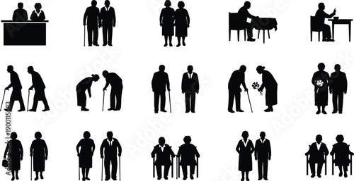 Silhouette collection of elderly people in daily life activities showing aging, retirement, care, companionship, and senior lifestyle concepts
