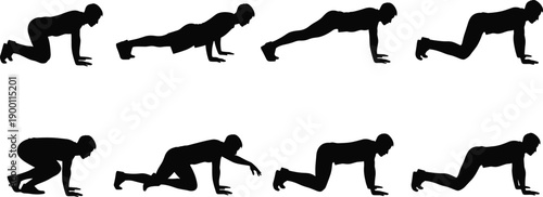 Silhouette sequence of bodyweight fitness exercises showing push up and crawling movements isolated on white background training routine concept