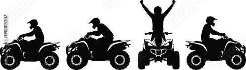 Silhouette set of ATV quad bike riders performing dynamic poses isolated on white background for motorsport and adventure concepts