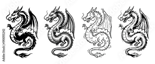 Set of four black dragon illustrations showing different artistic styles including a silhouette, engraving, cartoon outline, and a hand-drawn sketch for mythical concepts