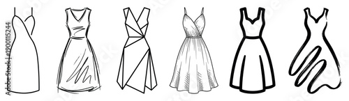 Collection of six hand-drawn dresses in various artistic styles, including sketch, line art, and geometric design, showcasing different fashion silhouettes for women's apparel