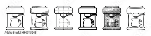 Set of six coffee machine icons presented in various artistic line art styles including simple outline, sketch, dotted, bold, engraved, and continuous line drawing