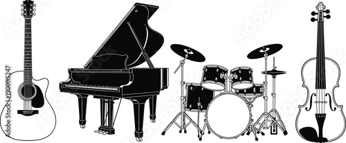 Silhouette set of musical instruments including guitar, piano, drum kit, and cello isolated on white background music concept