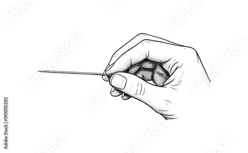 Detailed hand holding a needle with realistic sketch lines in monochrome