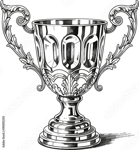 Vintage engraved trophy cup illustration with ornate handles isolated on white background representing victory, achievement, and championship success