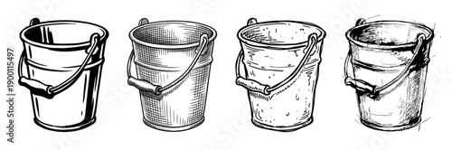 Four hand-drawn metal buckets with handles illustrated in various sketch styles, showing a progression from clean line art to detailed cross-hatching and rustic ink drawing