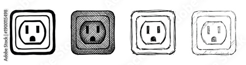 Four hand-drawn electrical outlet illustrations in a sketchy black and white doodle style, showcasing a collection of different artistic textures and line work for power concepts