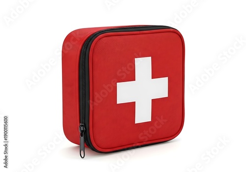 A small red first aid kit with a white cross on it and a zipper.