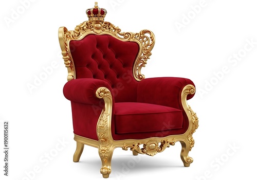 Luxurious red velvet armchair with gold accents and a crown on top