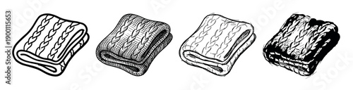 Four folded knitted blankets with cable patterns are shown in a hand-drawn sketch style, illustrating different ink techniques from simple line art to detailed cross-hatching