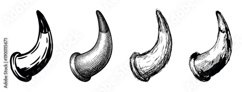 Set of four black animal horns illustrated in different hand-drawn styles, from clean vector-like lines to detailed cross-hatching and rough sketch textures for a design collection