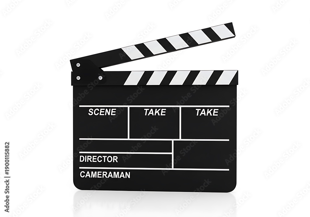 Fototapeta premium A black film clapboard with white text on a white background, used for filmmaking and movie production.