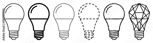Set of six black lightbulb icons in various artistic styles including line art, bold, dotted, dashed, hand-drawn sketch, and geometric polygonal design elements