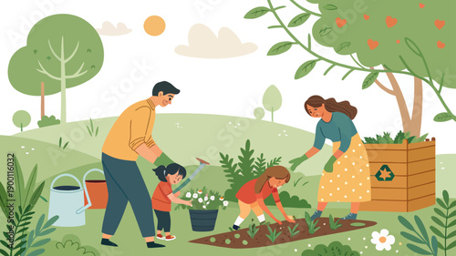 Happy family gardening together in lush green garden