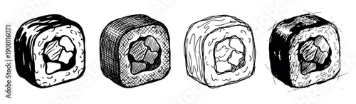 Four hand-drawn sushi maki rolls in a row, a black and white ink sketch illustration set with different graphic styles like hatching, line art, and bold outlines for Asian cuisine