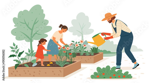 Family gardening together in a vibrant backyard garden