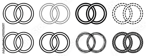 Collection of eight black interlocked wedding ring icons in various line art styles including solid, dotted, dashed, and ornate filigree for marriage and union concepts