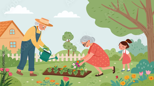 Elderly couple gardening with happy little girl in backyard