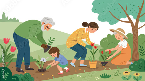 Family planting flowers together in a beautiful garden outdoors