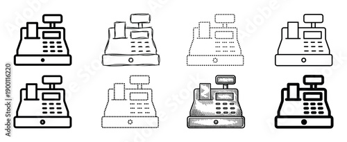 Collection of eight cash register icons presented in various artistic styles, including line art, sketch, dotted outline, and classic engraving for business and finance concepts