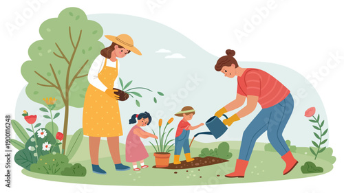 Family gardening together in a beautiful outdoor setting