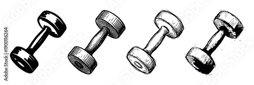 Four black and white hand-drawn dumbbells in a row, showcasing different artistic sketch styles from solid silhouette to crosshatching, grunge, and rough ink line art