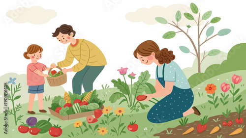 Happy family harvesting fresh vegetables in a vibrant garden together