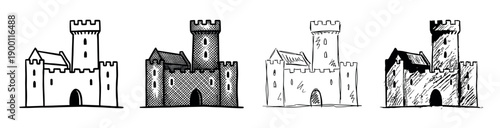 Set of four hand-drawn medieval castle illustrations in various graphic styles, from simple line art and detailed crosshatching to expressive, rough ink sketches of a historic fortress