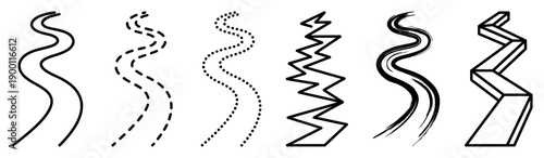 Set of six black winding path icons showing different line art styles including smooth, dashed, dotted, zigzag, brushstroke, and a three-dimensional isometric road