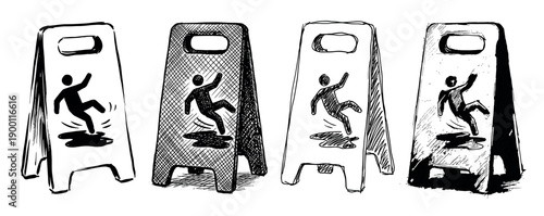 Four hand-drawn wet floor warning signs in a sketchy ink style showing a pictogram of a person slipping, illustrating safety, caution, and accident prevention concepts