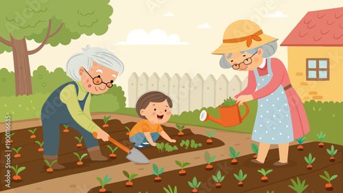 Happy family gardening together in sunny backyard with grandparents and child