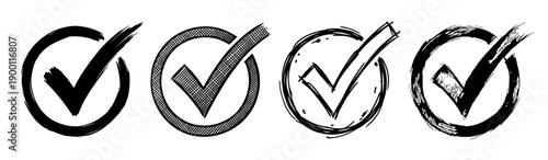 Set of four hand-drawn check marks inside circles with a grunge, sketchy texture, representing approval, success, and confirmation in a monochrome doodle style illustration