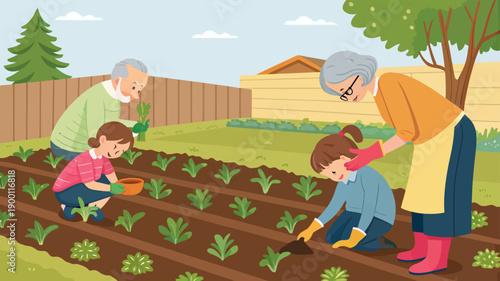 Happy family gardening together in sunny backyard