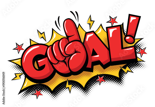 Goal of business or sport target. Concept success with explosion speech bubble and fans finger. Vector sticker template on transparent background